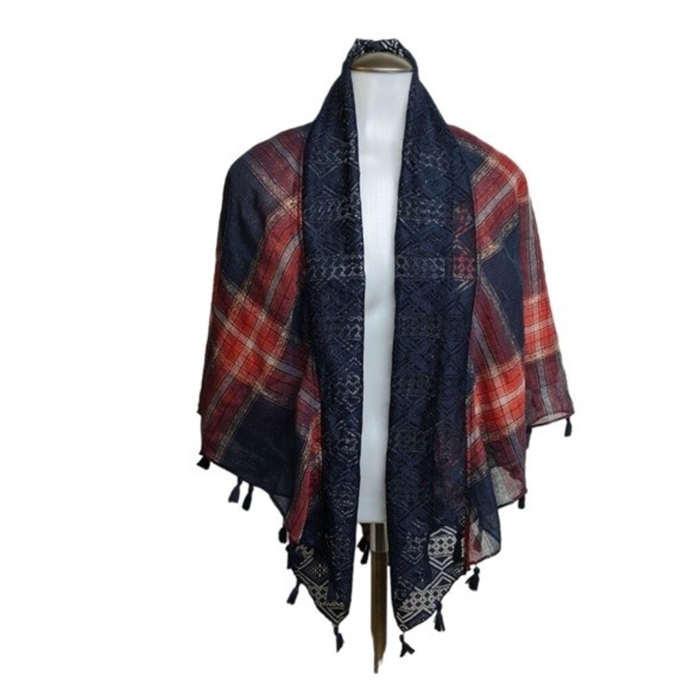 Scarf / Shawl / Wrap Boho Lace Fringe Neckwear Plaid Red & Blue